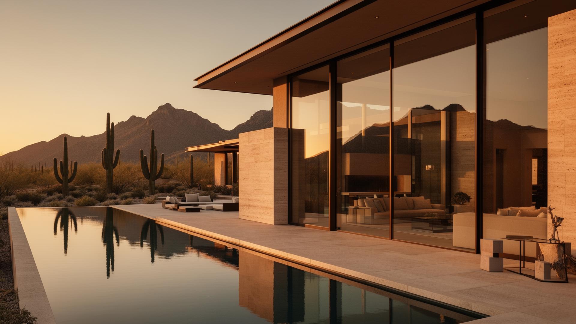 Modern desert luxury home at golden hour in Arizona